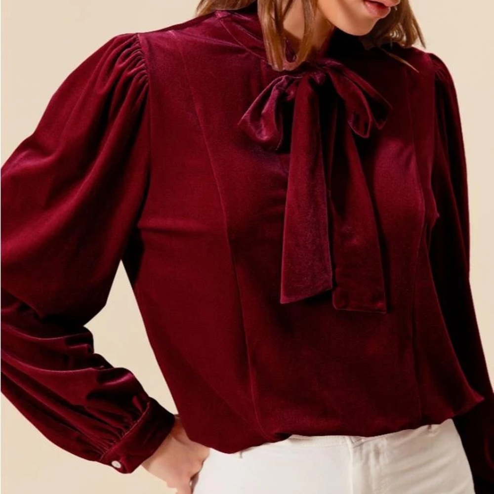 Burgundy Bow-Neck Blouse Sweater